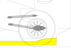 Con los brazos transversales planteadas, el espacio por encima del difusor es evidente a medida que es la parte superior de montaje estar por encima de la llanta de la rueda horquilla